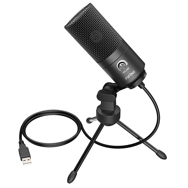 FIFINE USB-Kondensatormikrofon auf seinem Dreibeinstativ aus Metall